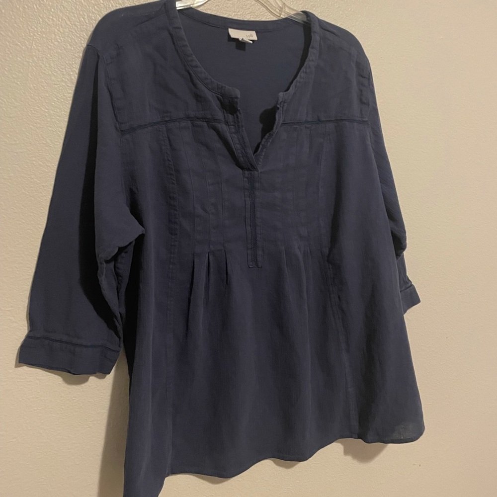 J Jill Navy Blue 100% Cotton 3/4 Sleeve Blouse 2x With Pintucking